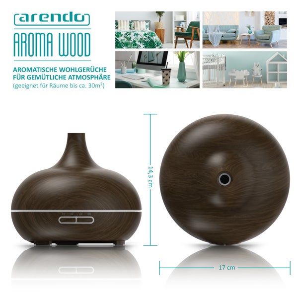 Arendo Luftbefeuchter, Aroma Diffuser in Holz Design mit LED, Diffusor, Timer Funktion, 7-Farben Wechsel, 300ml, Dunkelbraun