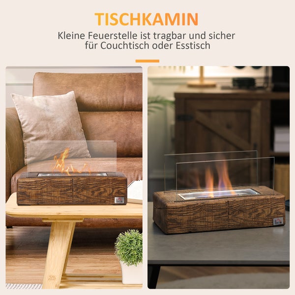 HOMCOM, Ethanol-Kamin, Bio-Ethanol-Brenner, 33L x 16B x 18H cm, Beton, Edelstahl, Naturholz