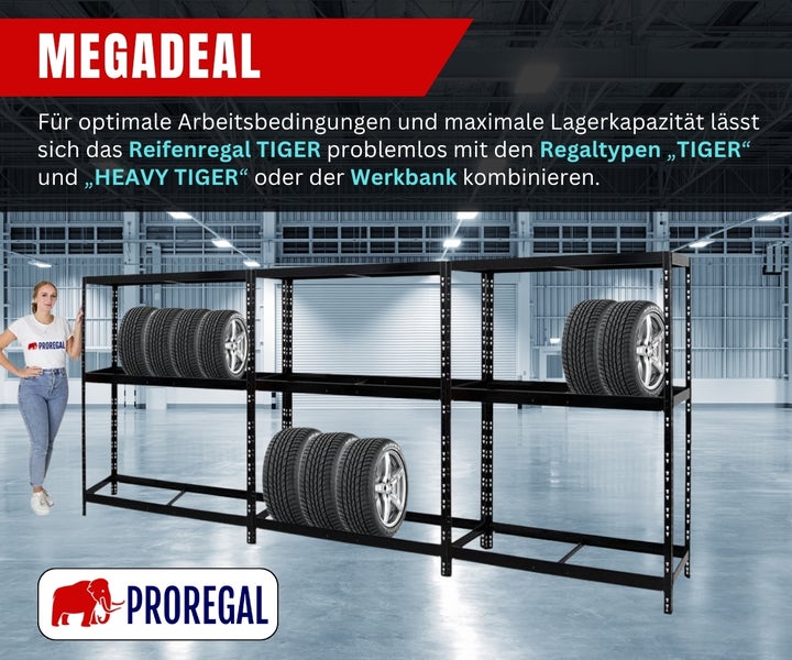 Schwarzes Metall Reifenregal Tiger mit drei Sektionen und zwei Ebenen, bestückt mit Reifen in einer hellen Lagerhalle, Proregal Logo.