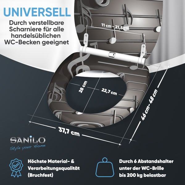 Bruchfester Sanilo Toilettensitz mit Musiknoten, verstellbare Scharniere, belastbar bis 200 Kilogramm, Breite 37,7 Zentimeter, Sanilo Logo.
