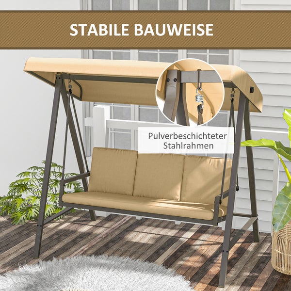 Outsunny Hollywoodschaukel, 3-Sitzer Gartenschaukel mit Verstellbarem Dach, bis 360 kg Belastbar, 200 x 125 x 175 cm, Polyester, Netzstoff, Beige