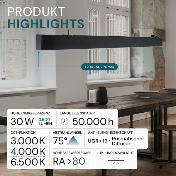 LUXULA LED Büroleuchte 120cm Tresenleuchte Schwarz Up&Down Light Hängeleuchte UGR<19 CCT Pendelleuchte erweiterbar Warm-Kaltweiß