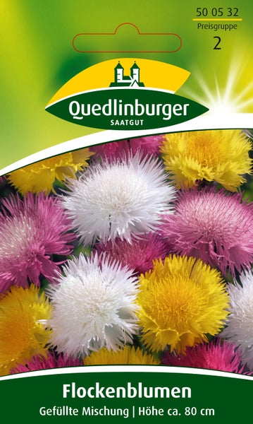 Samentüte Flockenblumen Gefüllte Mischung von Quedlinburger Saatgut mit bunten Blüten, Wuchshöhe circa 80 cm.