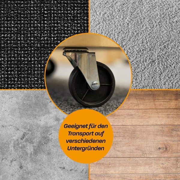 Geeignet für den Transport auf verschiedenen Untergründen, Illustration mit einem Rollenfuß auf Teppich, Kunstrasen, Beton und Holzboden