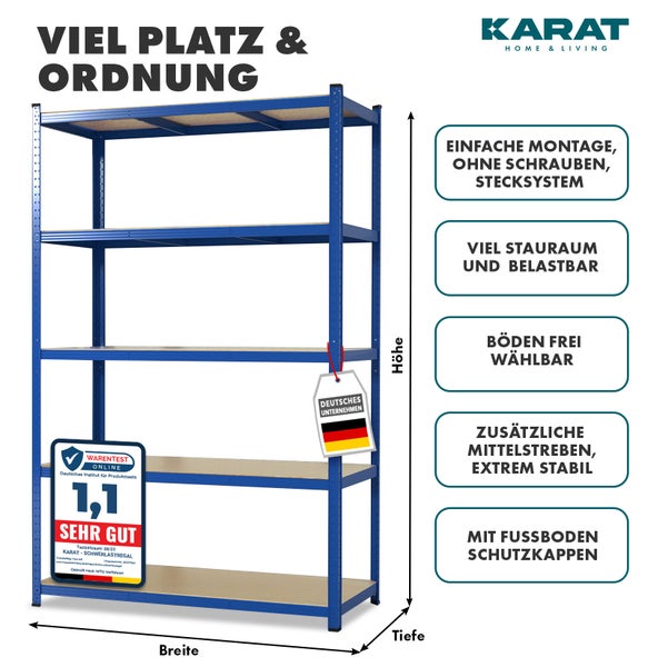 Blaues Karat Schwerlastregal, 5 Holzböden, schraubenloses Stecksystem, Mittelstreben, Bodenschutzkappen, Testnote Sehr gut, Karat Home & Living Logo.