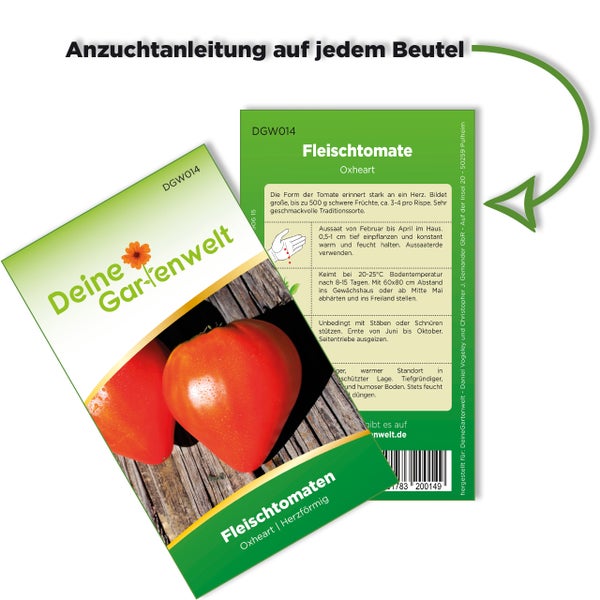 Samentüte für Fleischtomaten Oxheart von Deine Gartenwelt mit Anzuchtanleitung auf der Rückseite.