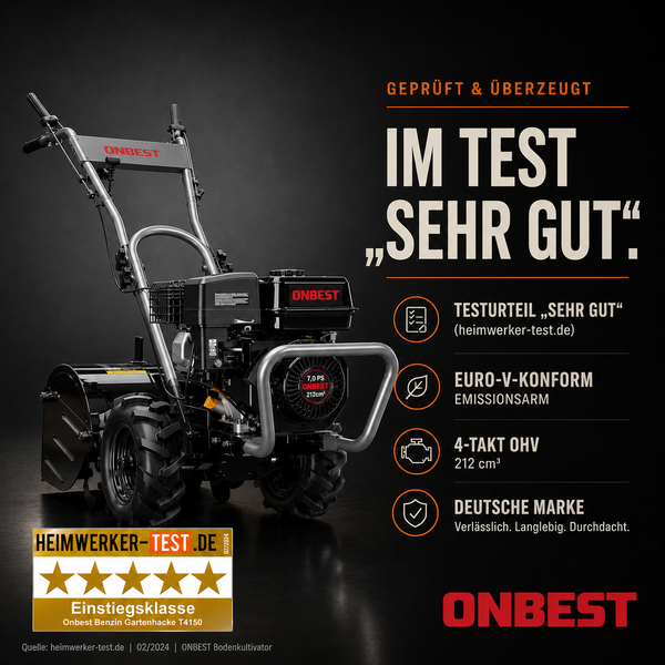 ONBEST Benzin Gartenhacke T4150 mit 212 Kubikzentimeter 4-Takt Motor. Testurteil Sehr Gut in der Einstiegsklasse. ONBEST Logo.