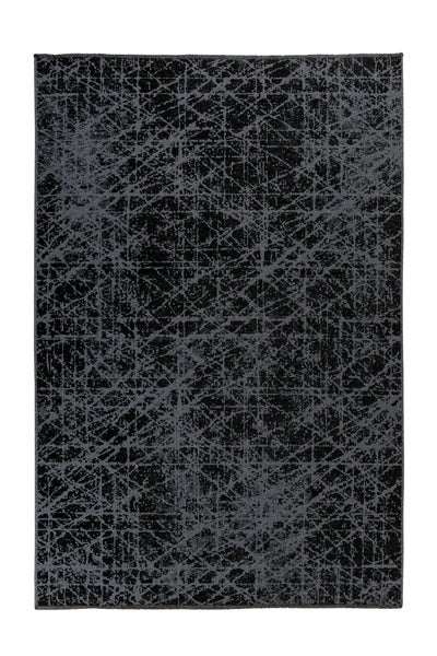 Rechteckiger Teppich mit abstraktem Gittermuster in Schwarz und Grau.