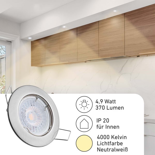 LED-Einbaustrahler in einer Küche, 4,9 Watt, 370 Lumen, Schutzart IP 20 für Innen, Lichtfarbe Neutralweiß mit 4000 Kelvin.