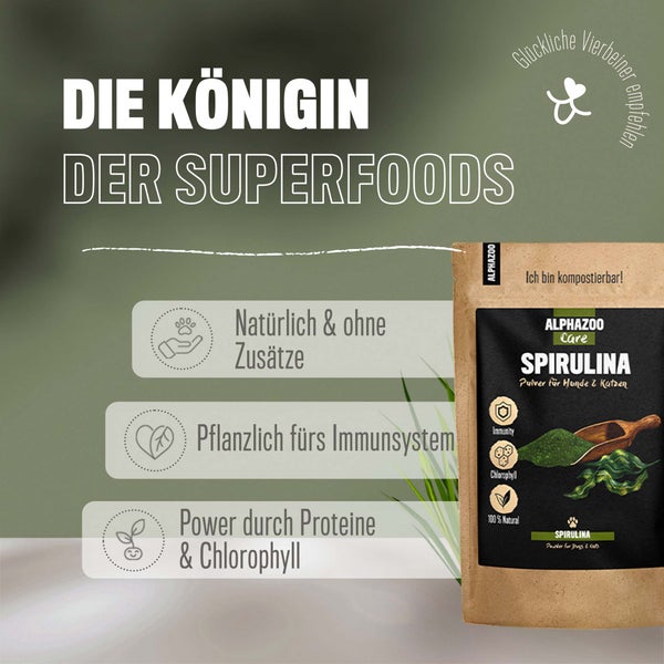 ALPHAZOO Spirulina Pulver 100g für Hunde und Katzen I Chlorophyll Algenpulver