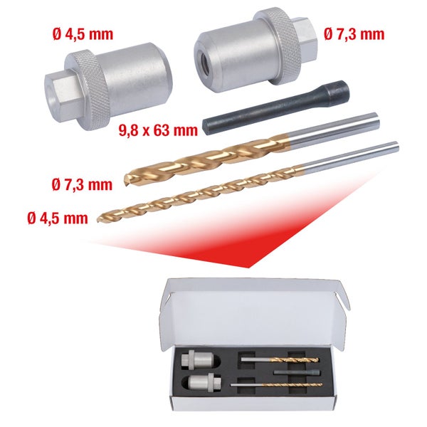 Bohrer Set mit Durchmessern 4,5 mm und 7,3 mm, sowie einem Stift mit den Maßen 9,8 x 63 mm in einer Box
