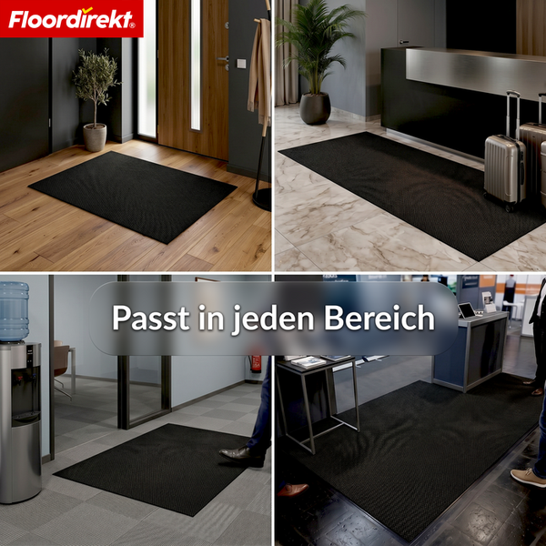 Floordirekt Logo. Eine schwarze Schmutzfangmatte in Eingang, Rezeption, Büro und Messe. Text: Passt in jeden Bereich.