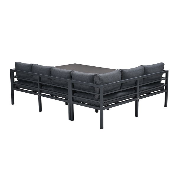 Garten-Lounge-Set bestehend aus einem L-förmigen Ecksofa mit Polstern und einem rechteckigen Tisch, Rahmen aus Metall in Anthrazit.