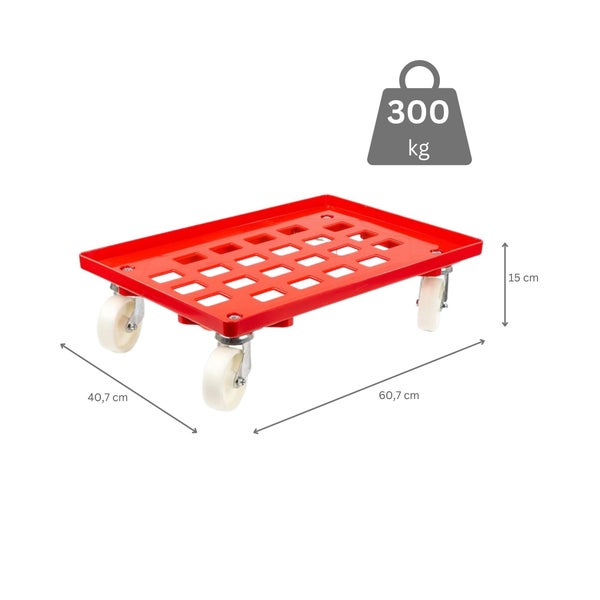 PROREGAL Transportroller für Euroboxen 60 x 40 cm mit Kunststoffräder Rot Gitter/Rasterdeck 2 Lenkrollen und 2 Bremsrollen Traglast 300 kg