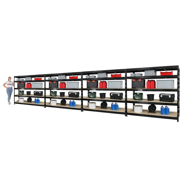 PROREGAL Mega Deal 4x Profi Schwerlastregal Rhino HxBxT 180 x 200 x 60 cm 5 Spanplatten-Ebenen 8mm Fachlast 500 kg Schwarz