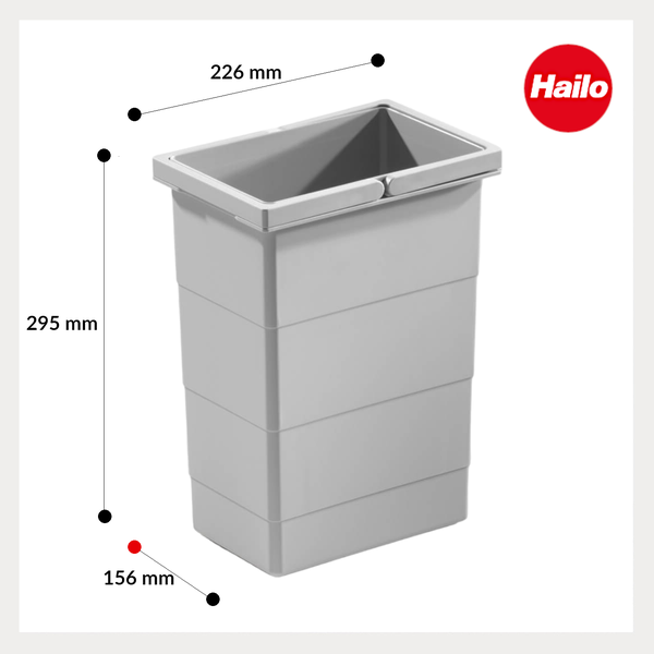 Grauer Hailo Abfallbehälter-Einsatz aus Kunststoff, Maße 226 Millimeter mal 295 Millimeter mal 156 Millimeter. Hailo Logo.