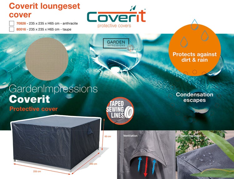 Infografik für Garden Impressions Coverit Schutzhülle für Loungesets, Maße 235 mal 235 mal 65 Zentimeter, wasserabweisend mit Belüftung.