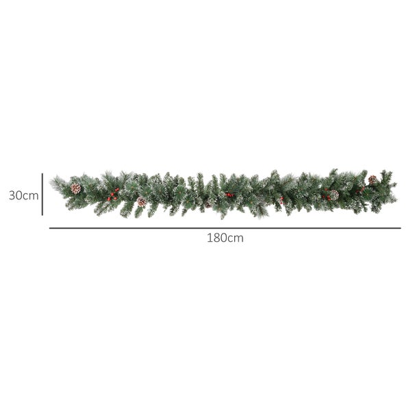 HOMCOM 1,8 m künstliche Weihnachtsgirlande mit Lichterkette Blumendekoration mit Tannenzapfen Beeren Weihnachten Tannengirlande für Treppen Kamin Metall Grün Ø30 x 180 cm