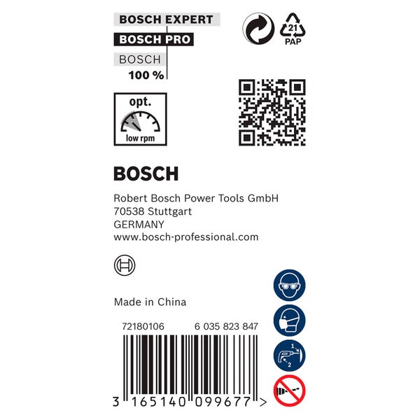 Bosch Expert, Bosch Pro, Wiederverwertungssymbol, Papierverpackungssymbol, QR-Code, Barcode, Made in China, Schutzsymbole