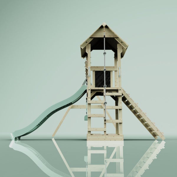 Spielturm mit Rutsche, Kletterwand, Seil und Leiter für den Garten