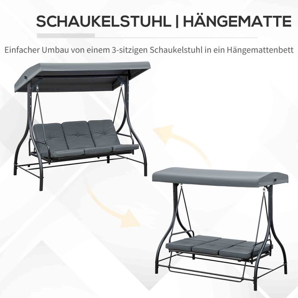 Hollywoodschaukel 3-Sitzer mit Sonnendach, umbaubar von Sitzbank zur Liegefläche.