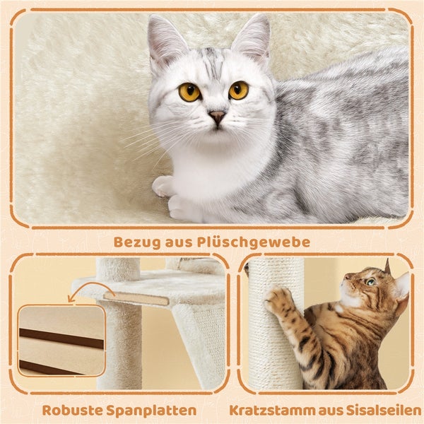 Katzenkratzbaum mit Plüschbezug, robusten Spanplatten und Kratzstamm aus Sisalseilen