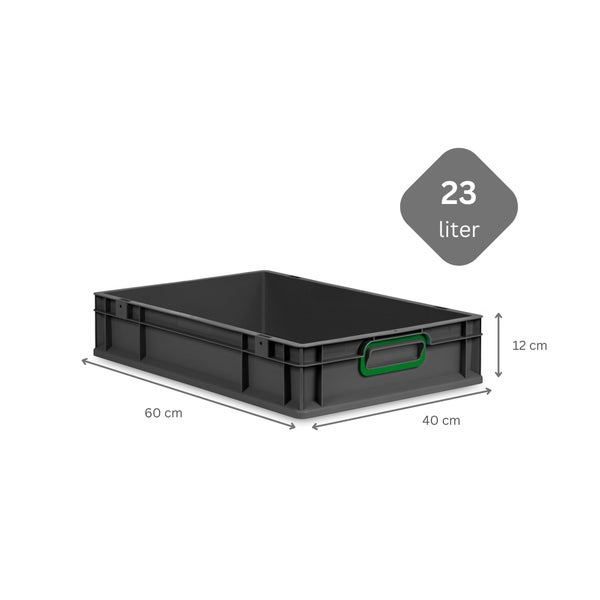 PROREGAL SuperSparSet 5x Eurobox NextGen Color mit Scharnierdeckel und Schiebeschnappverschlüssen, HxBxT 12x40x60cm, 23 Liter, Schwarz, Griffe grün geschlossen, Eurobehälter, Transportbox, Transportbehälter, Stapelbehälter