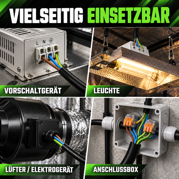 Vier Anwendungsbeispiele fuer ein dreiadriges Stromkabel bei einem Vorschaltgeraet, einer Lampe, einem Luefter und einer Abzweigdose.