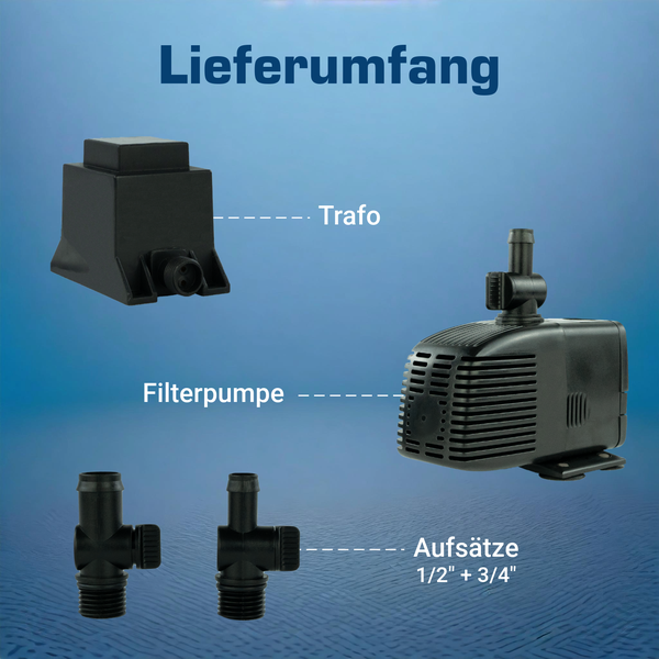 Abmessungen der schwarzen Teichpumpe: Länge 131 Millimeter, Breite 72 Millimeter, Höhe 81 Millimeter, Aufsatz 45 Millimeter.