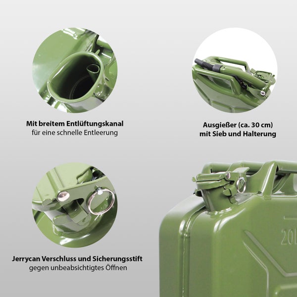 Kraftstoffkanister aus Metall mit 20 Liter Fassungsvermögen, Ausgießer, Entlüftungskanal und Sicherungsstift am Verschluss.