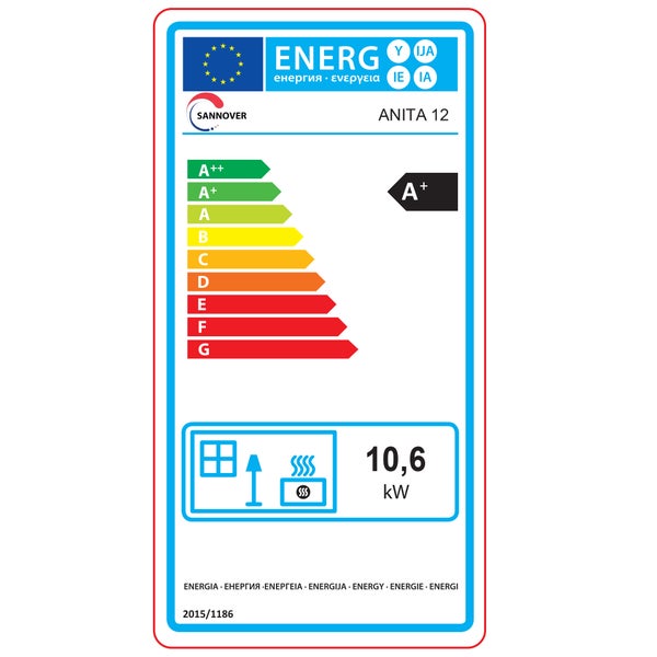 Energielabel für den SANNOVER ANITA 12 Kaminofen mit der Energieeffizienzklasse A+