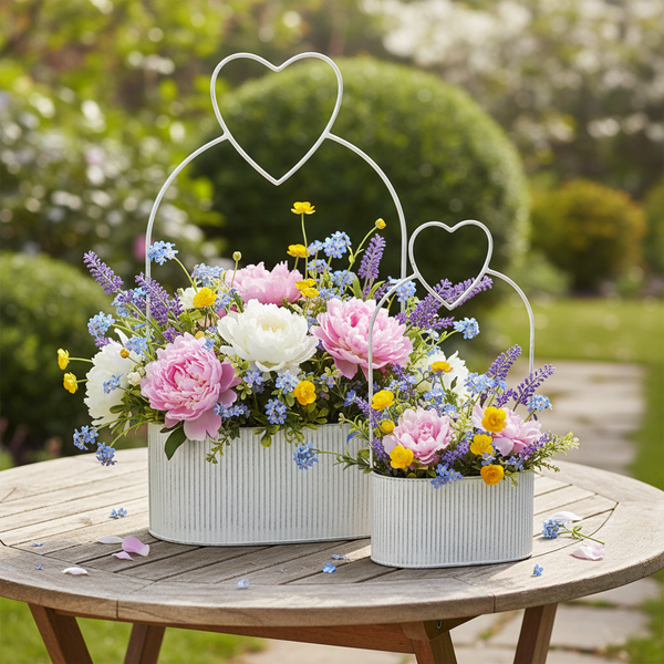 Zwei ovale Metall-Pflanzgefäße mit herzförmigem Bügel, bepflanzt mit bunten Blumen auf einem runden Holztisch im Garten.