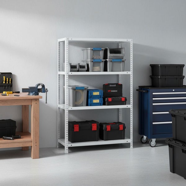 Organisierte Werkstatt mit weißem Metallregal, Lagerboxen und Werkzeugkoffern neben einer Werkbank aus Holz und einem blauen Werkstattwagen.