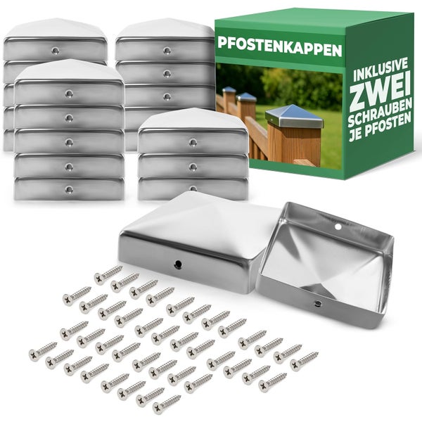Set aus quadratischen Pfostenkappen aus Edelstahl in Pyramidenform inklusive Befestigungsschrauben.