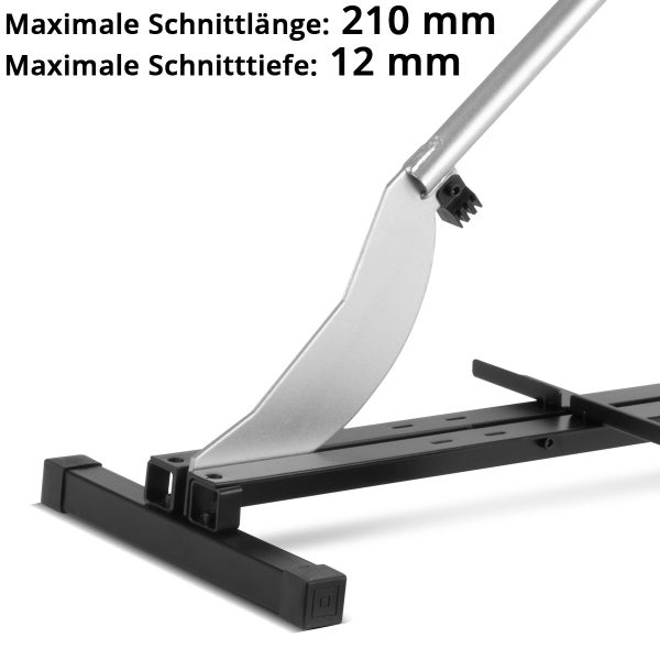 Laminatschneider mit einer maximalen Schnittlänge von 210 Millimetern und einer maximalen Schnitttiefe von 12 Millimetern.