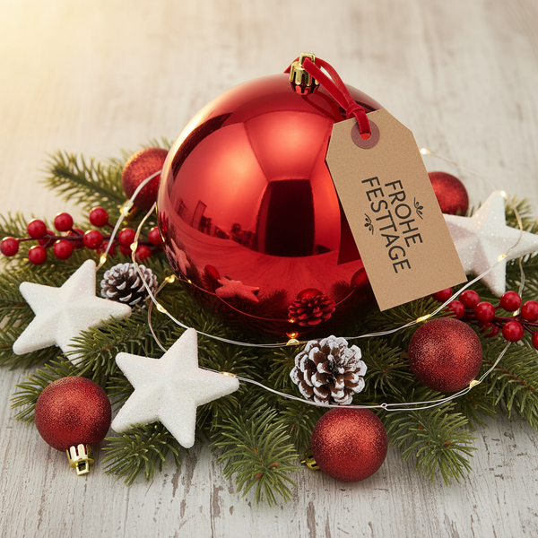 Rote Weihnachtskugel mit Geschenkanhänger Frohe Festtage auf Tannenzweigen mit weißen Sternen, roten Beeren und Lichterkette.