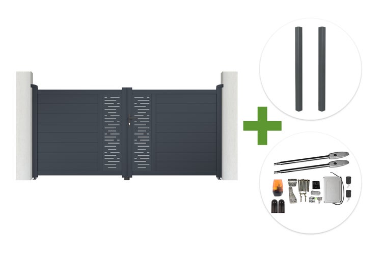 Zweiflügeliges Aluminium-Einfahrtstor in Anthrazit mit Pfosten und elektrischem Torantrieb-Set.