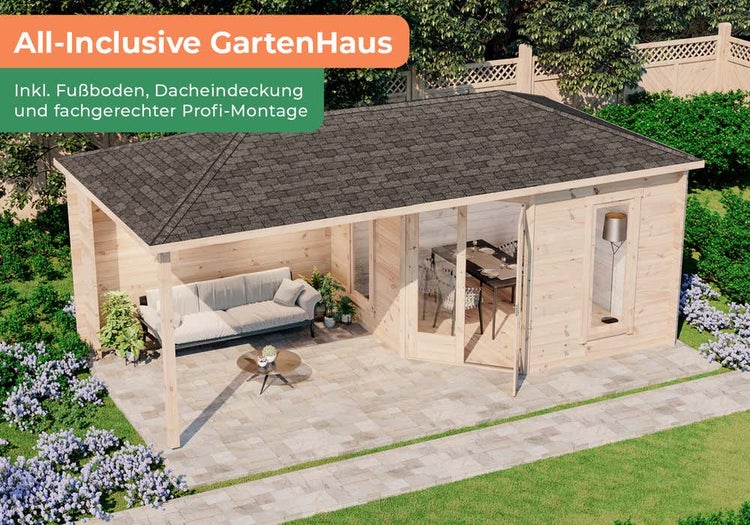 Alpholz Premium Gartenhaus-Set 5-Eck Liwa 595x300cm inkl. Boden, Dach & Aufbauservice