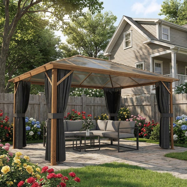 Gartenpavillon mit Festdach und Vorhängen, Maße: Dach 3,98 mal 2,98 Meter, Standfläche 3,55 mal 2,55 Meter, Gesamthöhe 2,62 Meter.