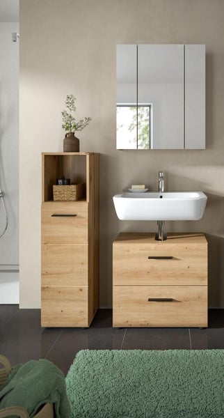 Modernes Badezimmer-Set in Eichenoptik mit Waschtisch, Unterschrank, Hochschrank und dreitürigem Spiegelschrank.