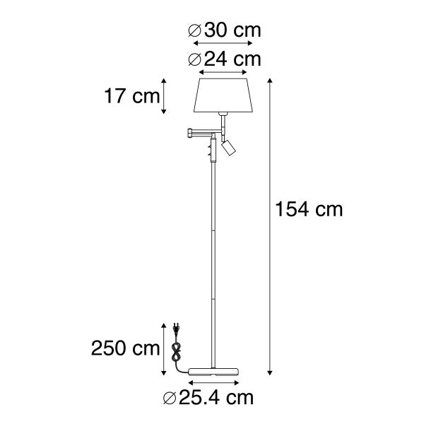 Technische Zeichnung einer Stehlampe mit den Maßen: Höhe 154 cm, Lampenschirm Durchmesser 30 cm oben, 24 cm unten und 17 cm hoch. Kabellänge 250 cm und Lampenfuß Durchmesser 25,4 cm.