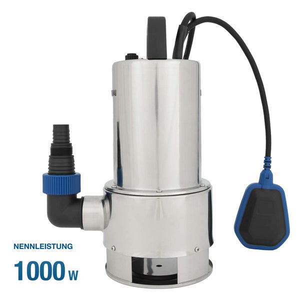 Tauchpumpe aus Edelstahl mit 1000 Watt Nennleistung, Tragegriff, Schlauchanschluss und Schwimmerschalter.