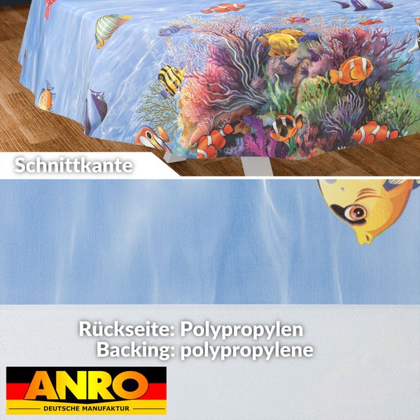 Wachstuch mit Korallenriff-Motiv und tropischen Fischen, Schnittkante, Polypropylen-Rückseite, ANRO Logo.