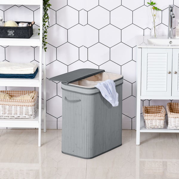 HOMCOM Bambus Wäschekorb schmal mit Deckel 100 L Wäschesammler mit Griffen, herausnehmbarer Wäschesack, Laundry Baskets für Waschküche Schlafzimmer Badezimmer Grau