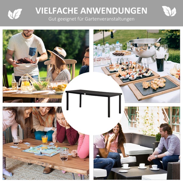Collage zeigt schwarzen rechteckigen Gartentisch in verschiedenen Anwendungen wie Gartenfest, Buffet, Spieleabend und Lounge-Atmosphäre.