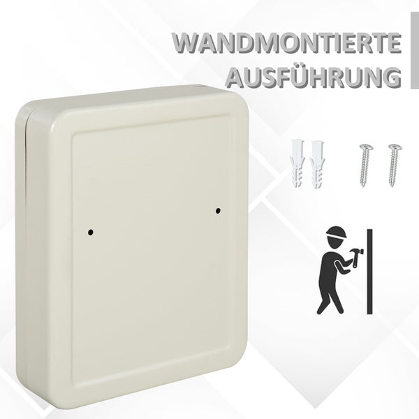 HOMCOM Schlüsselschrank Schlüsselkasten mit 93 Haken, Abschließbare Schlüsselbox aus Stahl, inkl. Befestigung, Cremeweiß, 30 x 24 x 7,5 cm