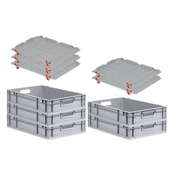 PROREGAL SparSet 5x Eurobox NextGen Grip mit Auflagedeckel mit 4 Roten Schiebeschnappverschlüssen HxBxT 12 x 40 x 60 cm 23 Liter Griffe