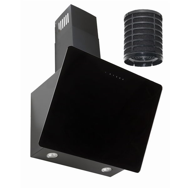 Schwarze Kopffreihaube aus Glas mit Kamin und rundem Aktivkohlefilter.