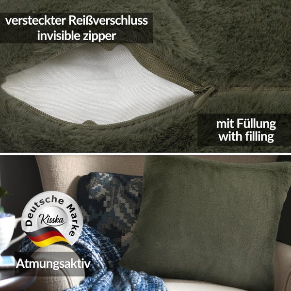 Grünes Dekokissen aus Kunstfell mit verstecktem Reißverschluss, inklusive Füllung, atmungsaktiv, Kisska Logo.