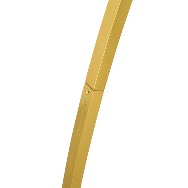 Detailaufnahme eines goldfarbenen rechteckigen Metallprofils mit einer Schraubverbindung.